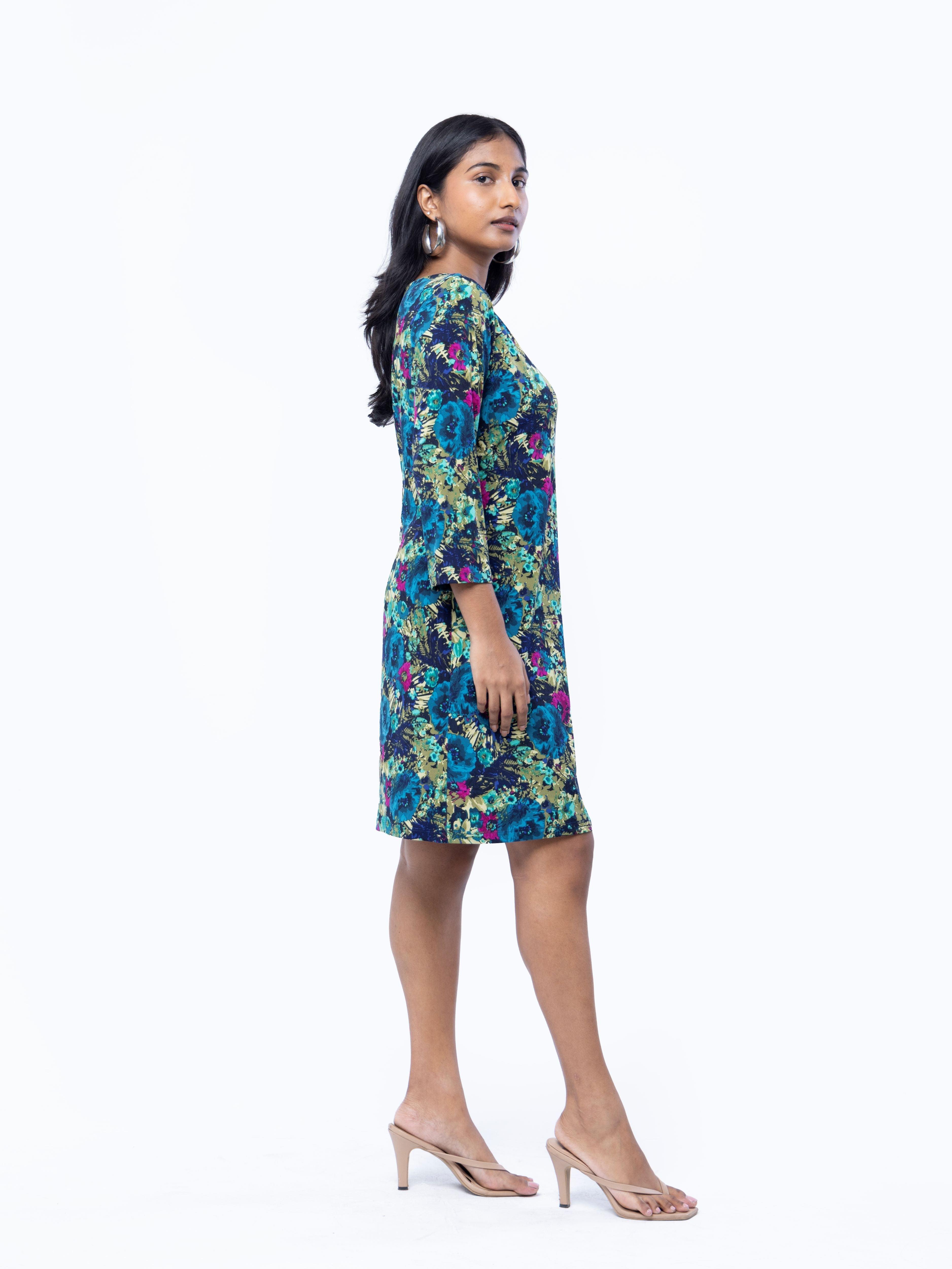 Floral Cotton Midi Dress- Blue - Avirate Sri Lanka