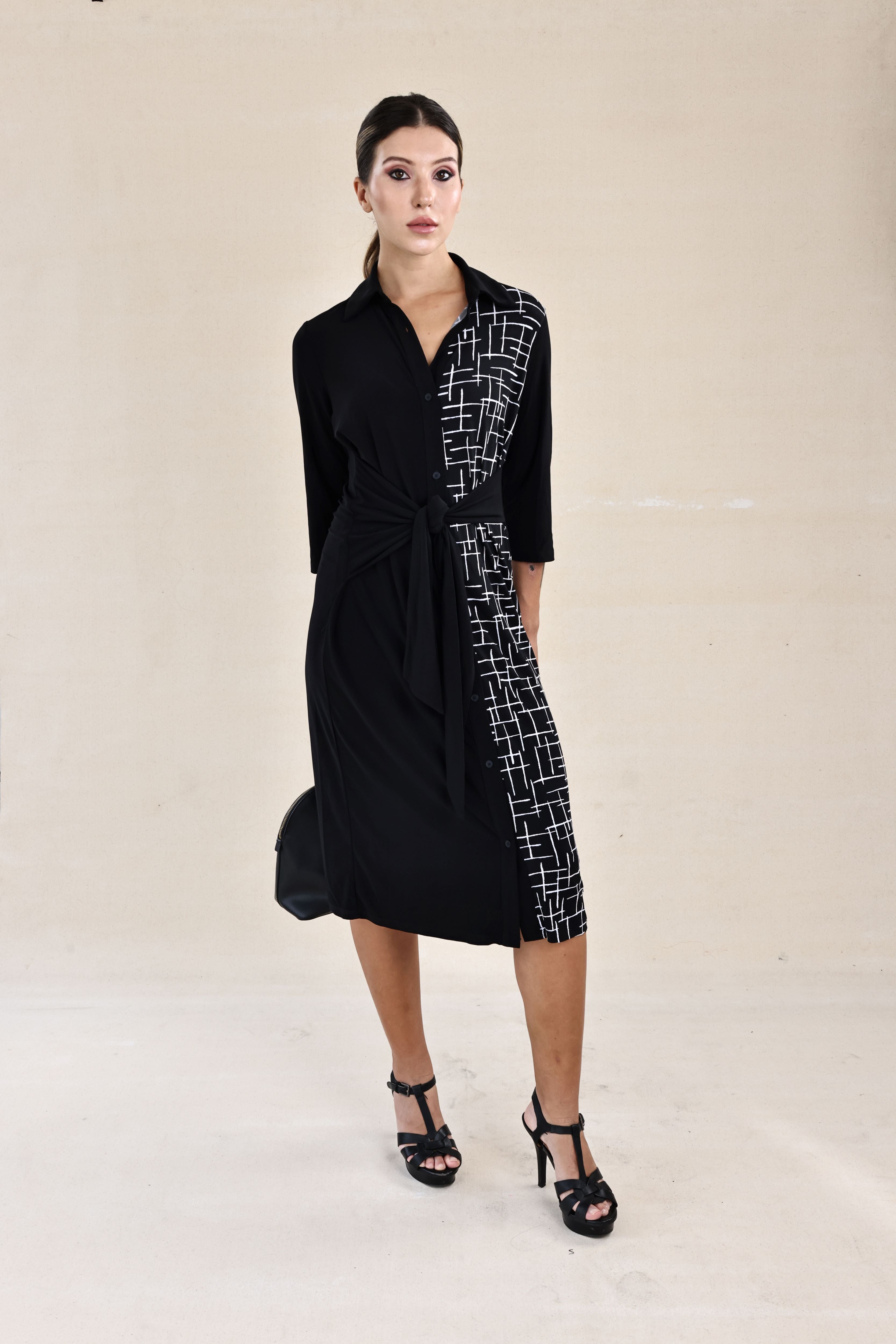 Black & White Shirt Dress with Tie-Waist – Avirate Sri Lanka