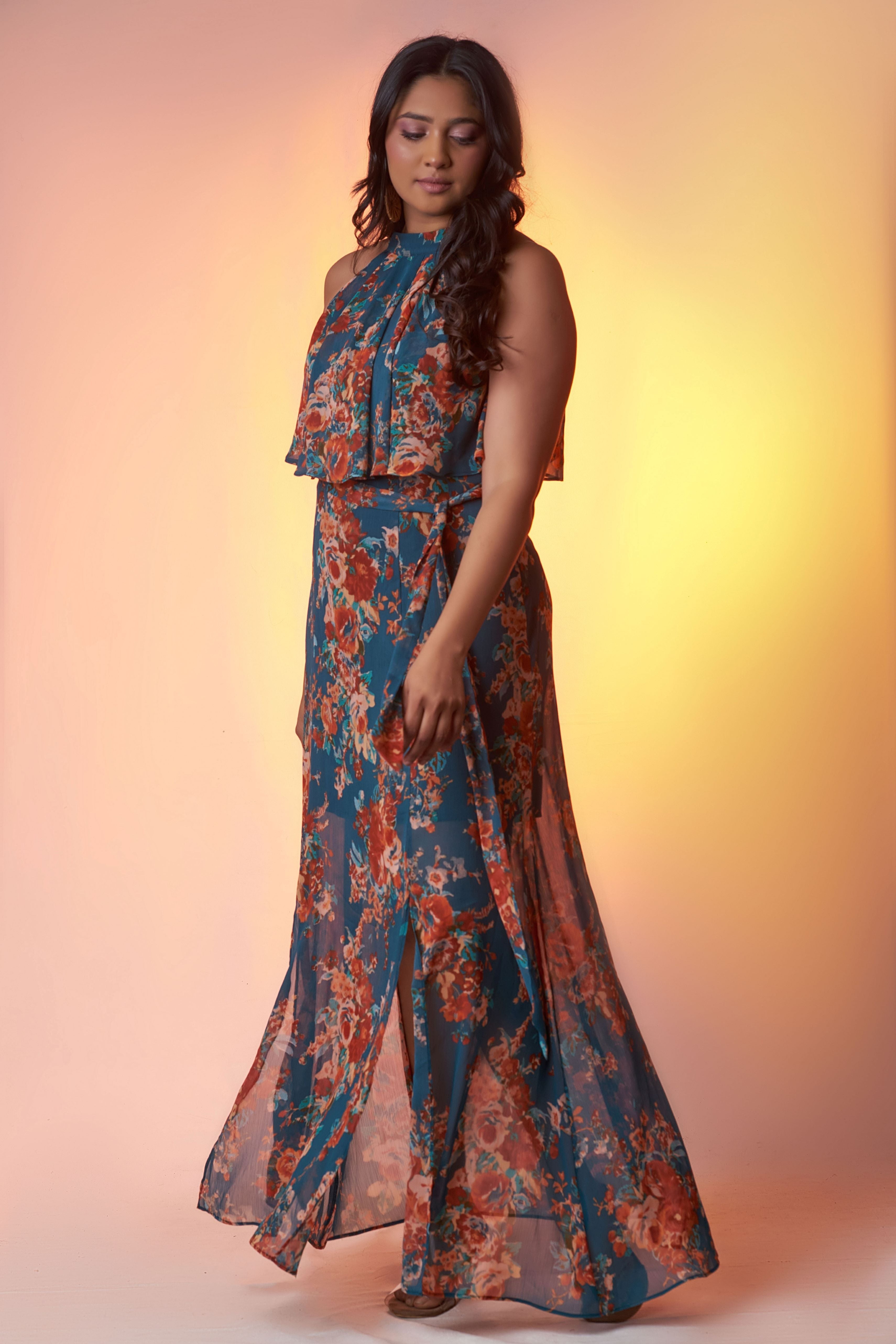 Boho Front Ruffle Floral Maxi Dress - Avirate Sri Lanka