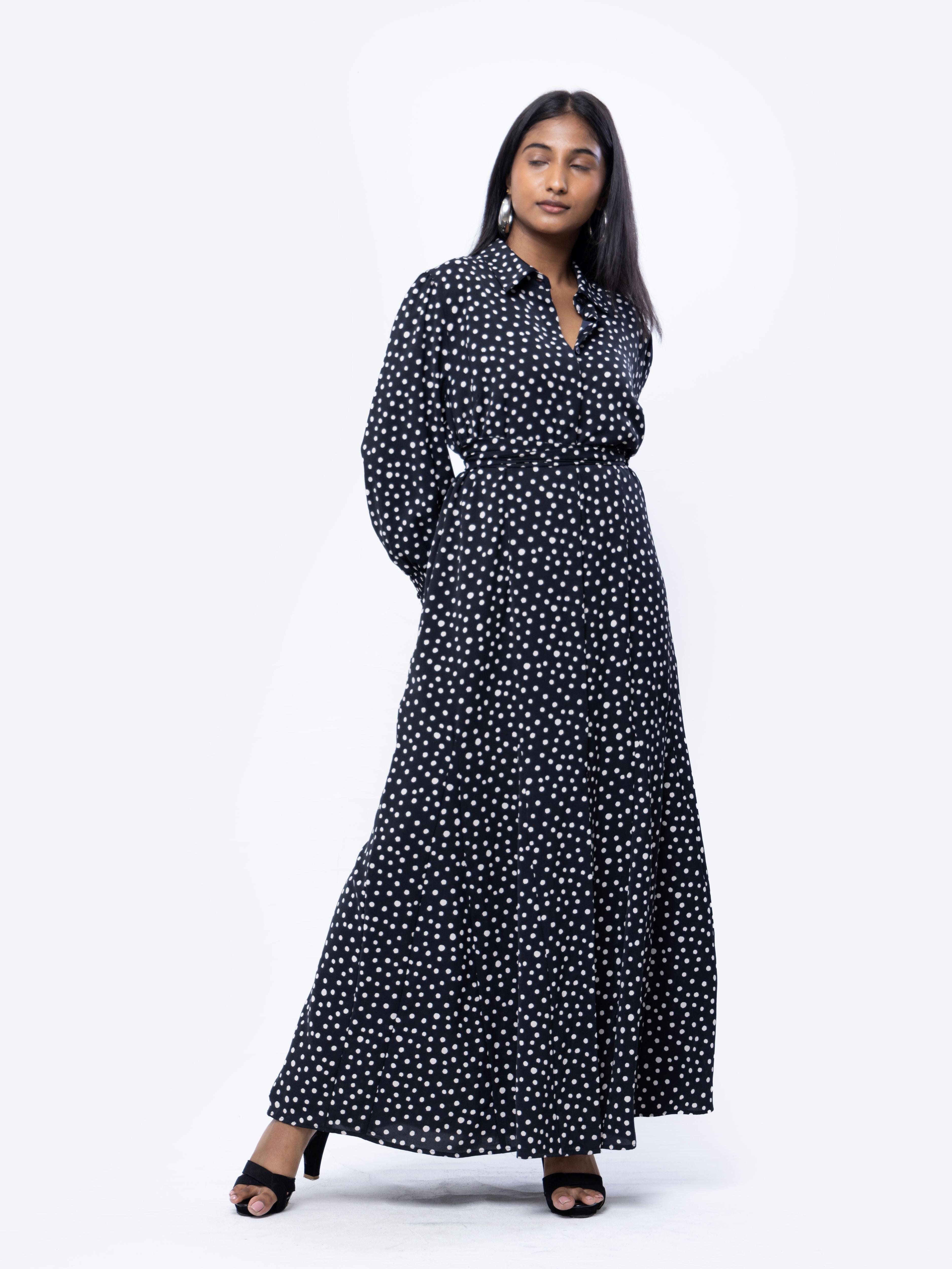 Monochrome Long Sleeve Button Dress - Avirate Sri Lanka