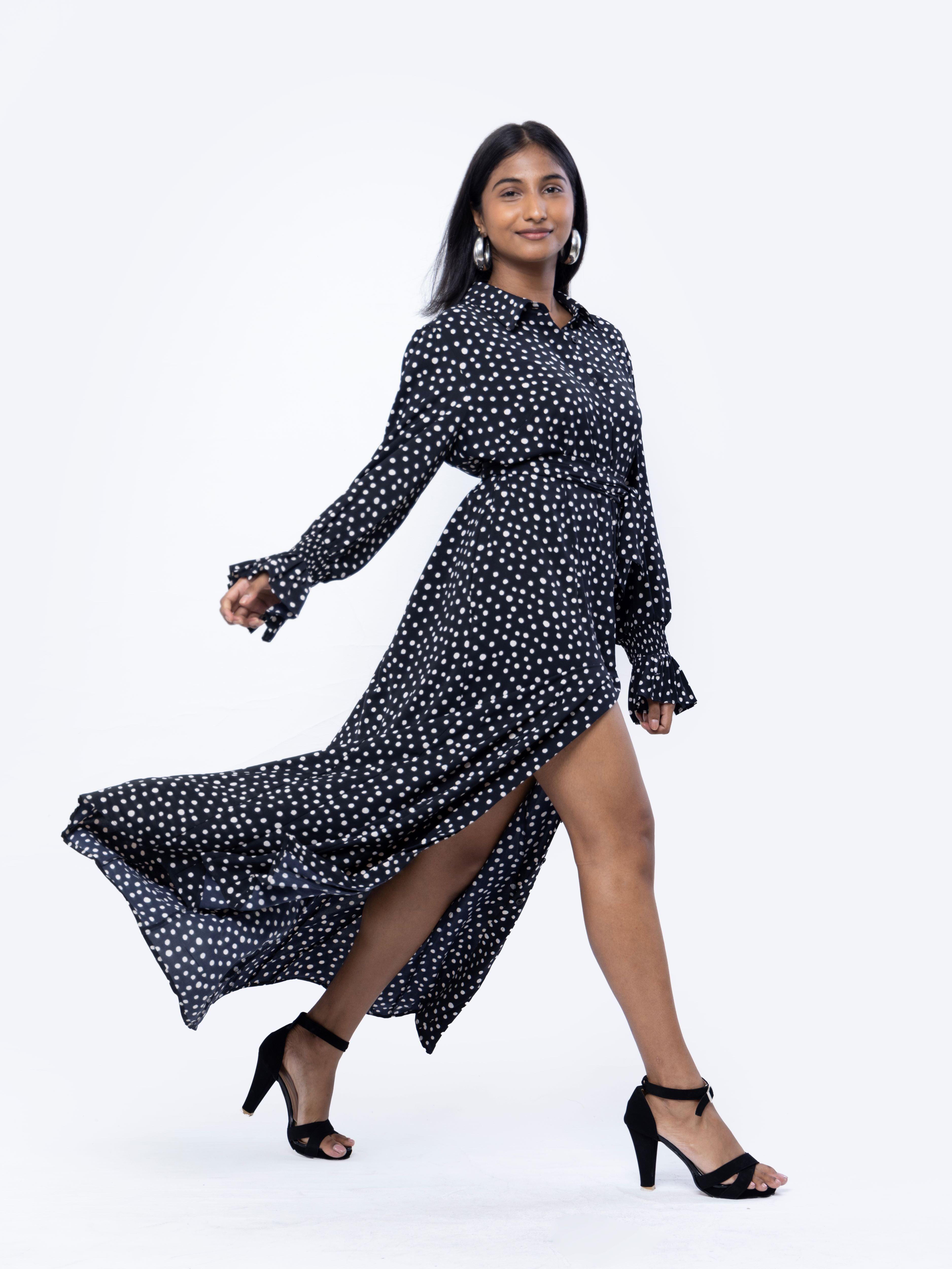 Monochrome Long Sleeve Button Dress - Avirate Sri Lanka