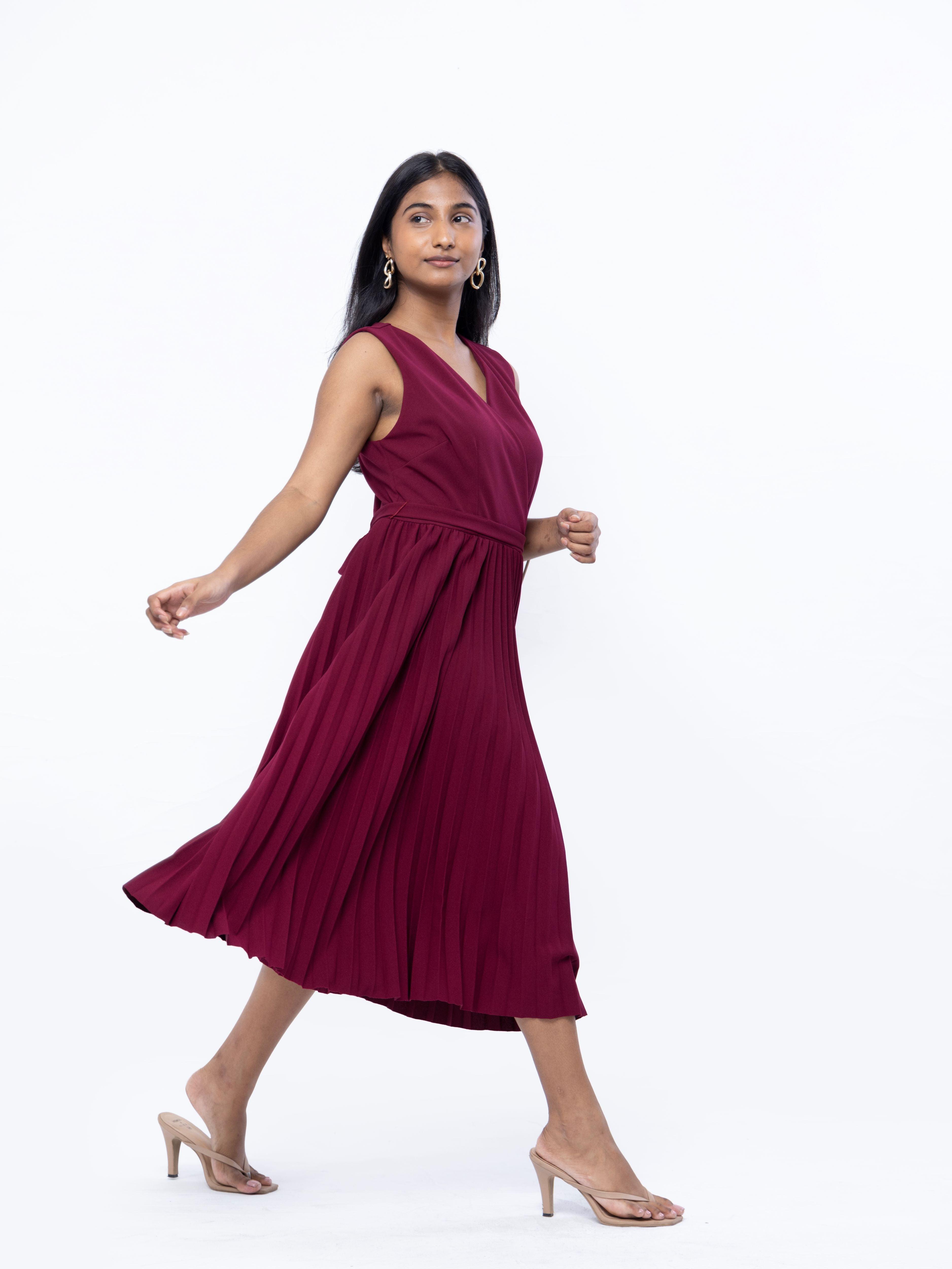 Romantic Red Pleated Dress - Avirate Sri Lanka