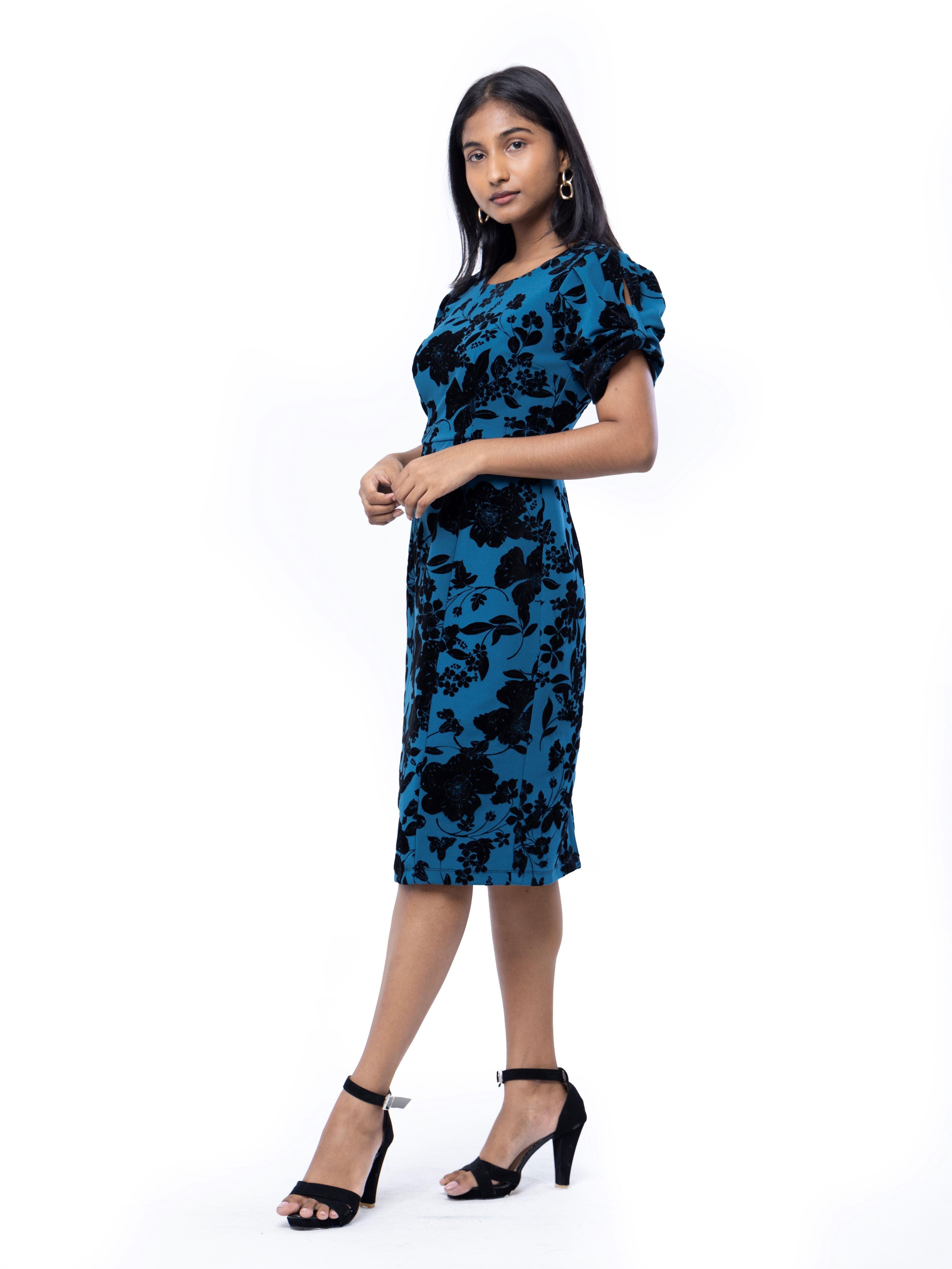 Floral Puffed Sleeve Midi Dress Blue - Avirate Sri Lanka