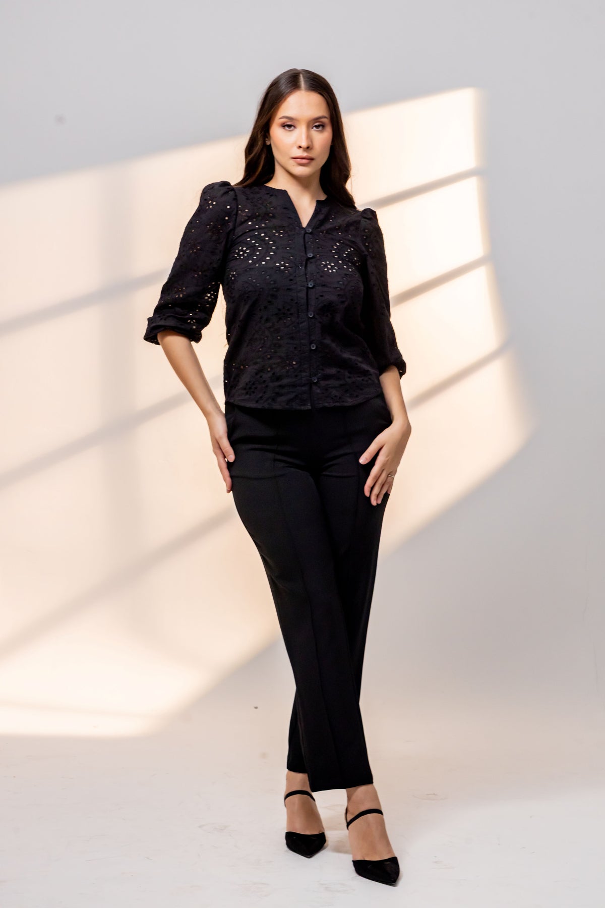 Lace Whisper Puff-Sleeve Blouse