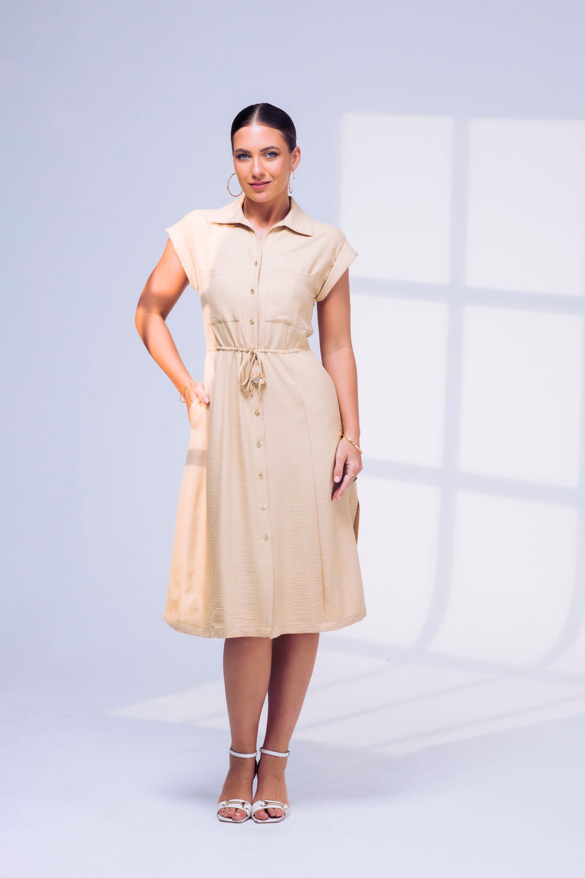 Biege Blend Drawstring Shirtdress