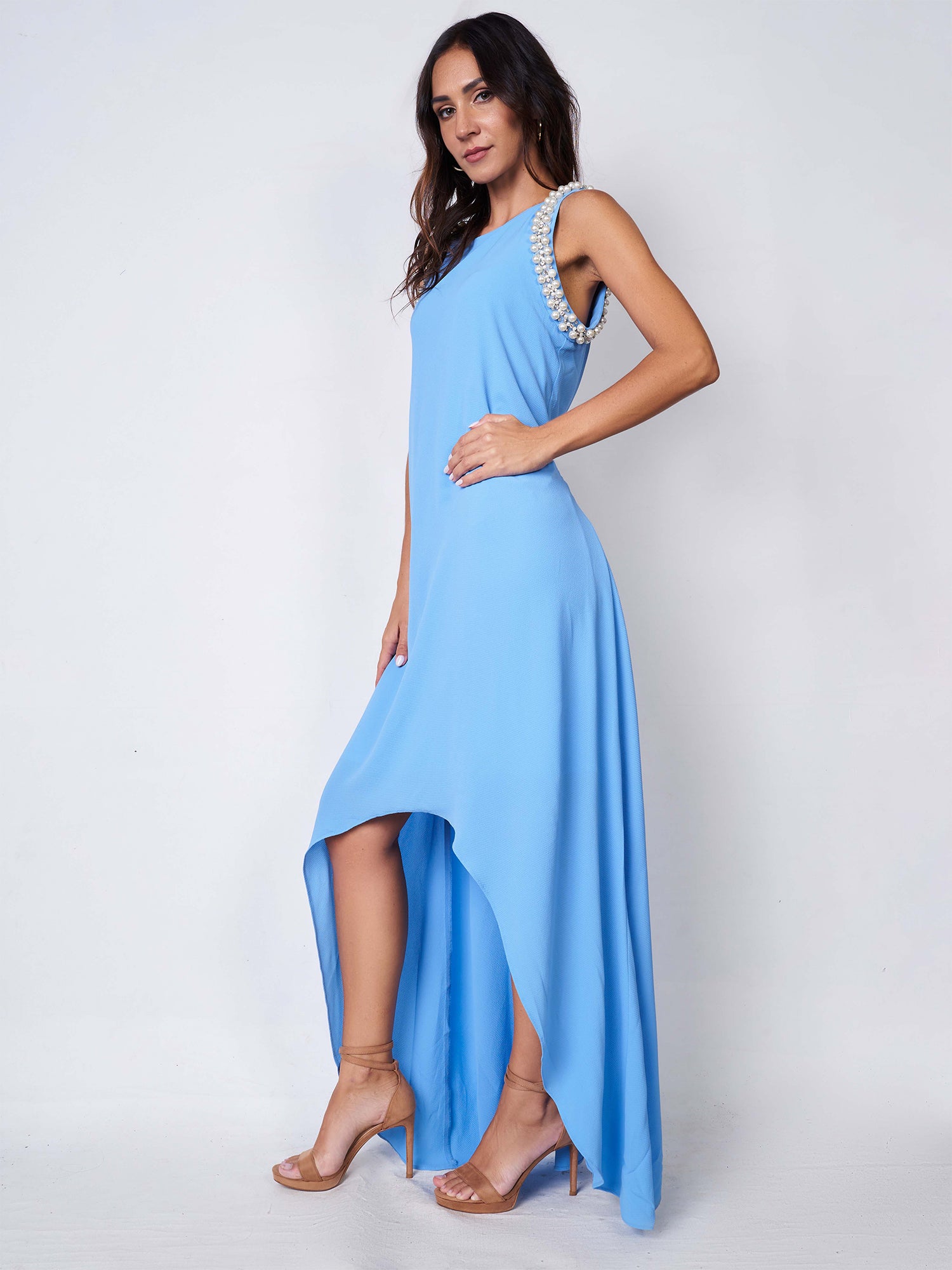 High - Low beaded dress - light blue